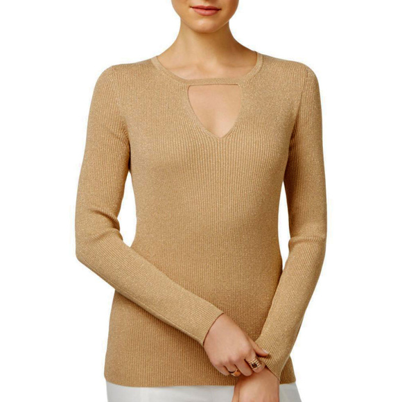 INC International Concepts Sweaters - INC Ribbed Fitted Gold Metallic Choker Sweater